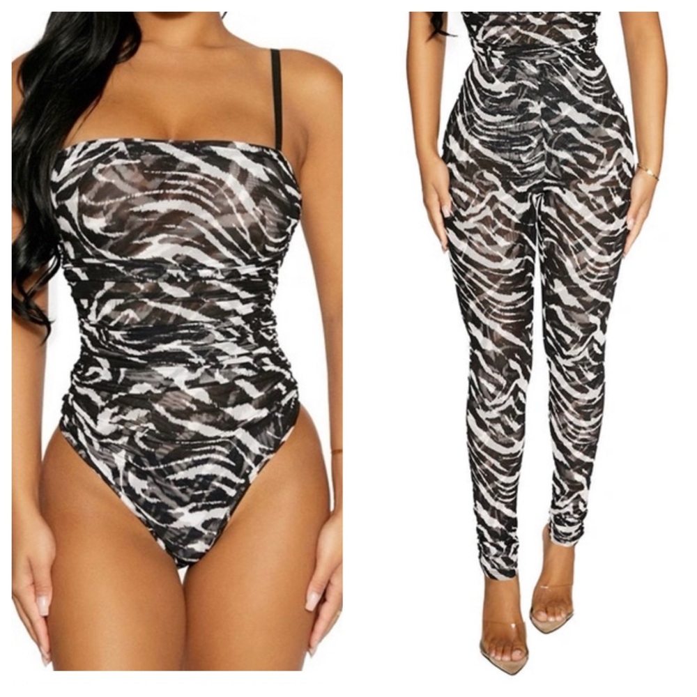 🖤🤍 2 Piece Set Naked Wardrobe Zebra Print Bodysuit and Pants Size Small NWOT